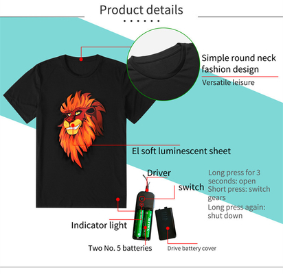 T-shirt de clignotant des couples LED avec du coton 100% de Lion Pattern Unisex