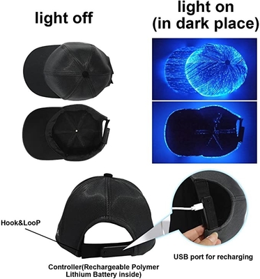 Chapeaux optiques menés rougeoyants lumineux de lumière de fibre de casquettes de baseball rechargeables